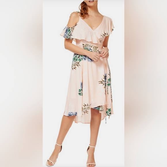 Dex Floral High-Low midi Wrap Dress medium pink v-neck ruffle - Picture 1 of 9